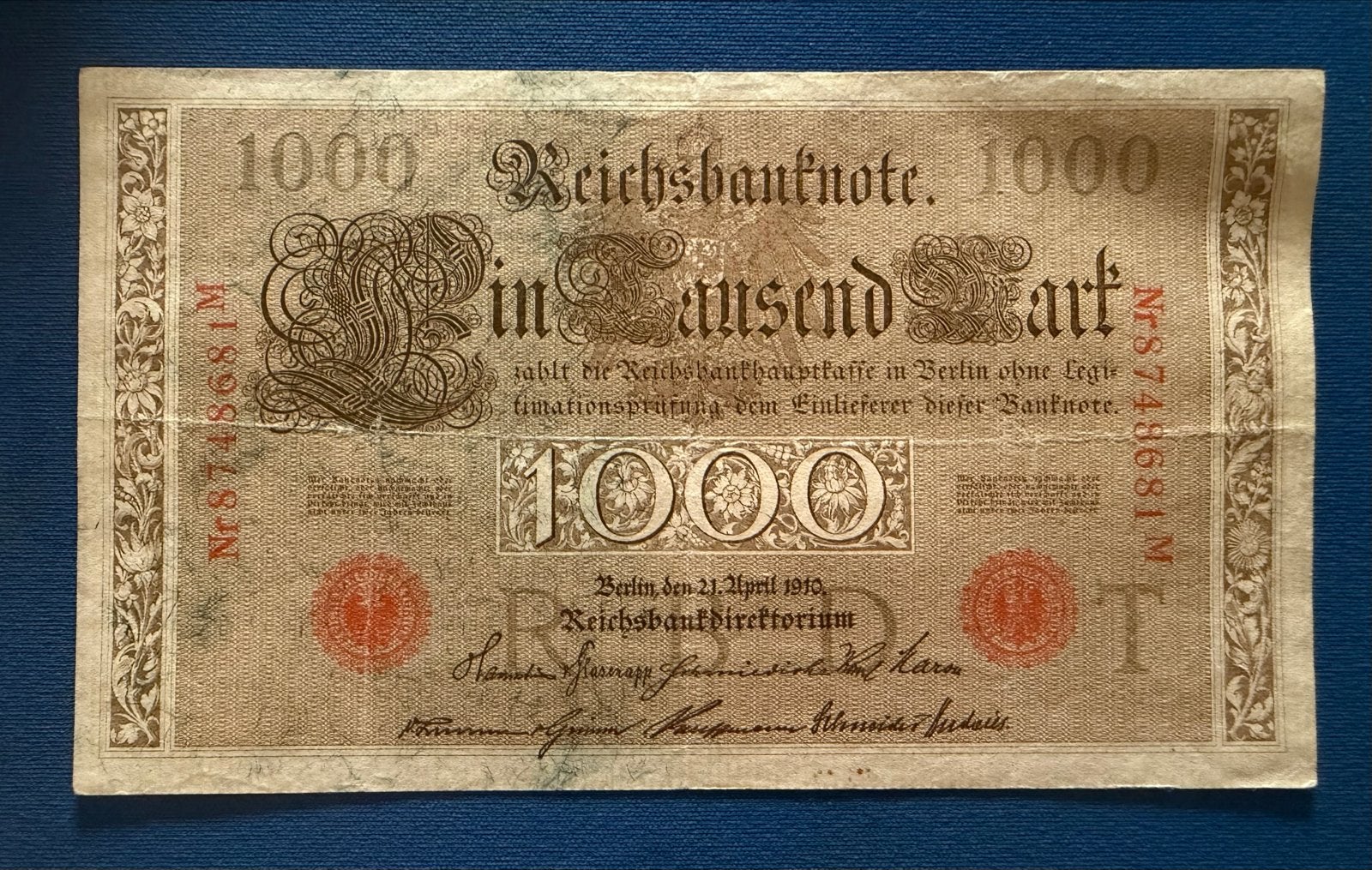 Historisch 1000 Mark biljet uit 1910 - Duitse Reichsbanknote, Ophalen of Verzenden, Overige landen, Los biljet