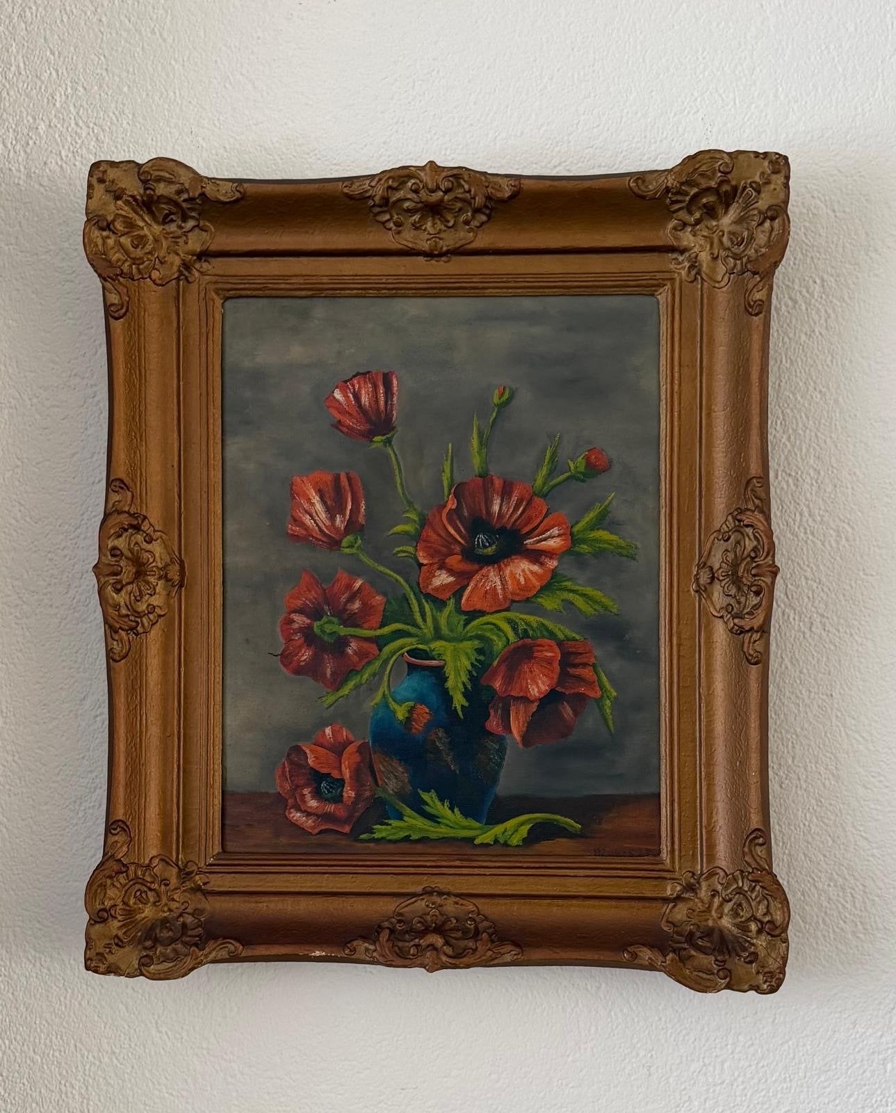 Schilderij met klaprozen in vaas, klassieke stijl, Doek, Olieverf, Klassiek, Ingelijst