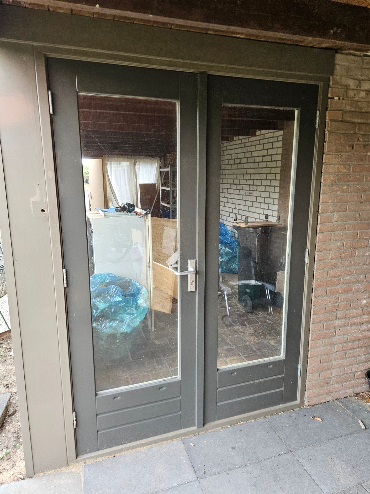 Hardhouten kozijn met openslaande deuren en dubbel glas, Ophalen, Gebruikt, Buitendeur, Glas