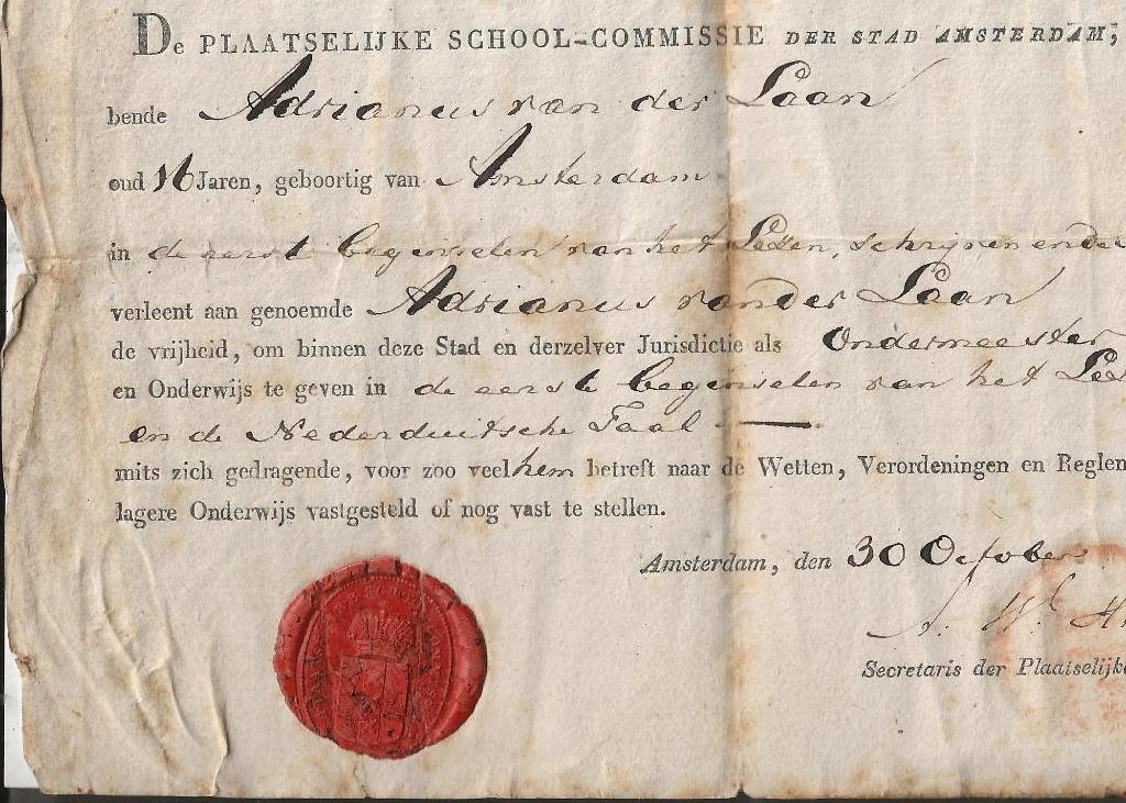 Amsterdam Akte van toelating A v d Laan tot ondermeester, Ophalen of Verzenden, Voor 1920, Gelopen, Noord-Holland