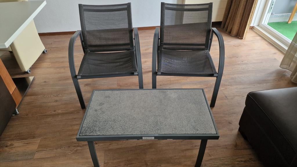 Royal Patio tuinset met 2 stoelen en bijzettafel, Gebruikt, Bijzettafel, Aluminium, Ophalen