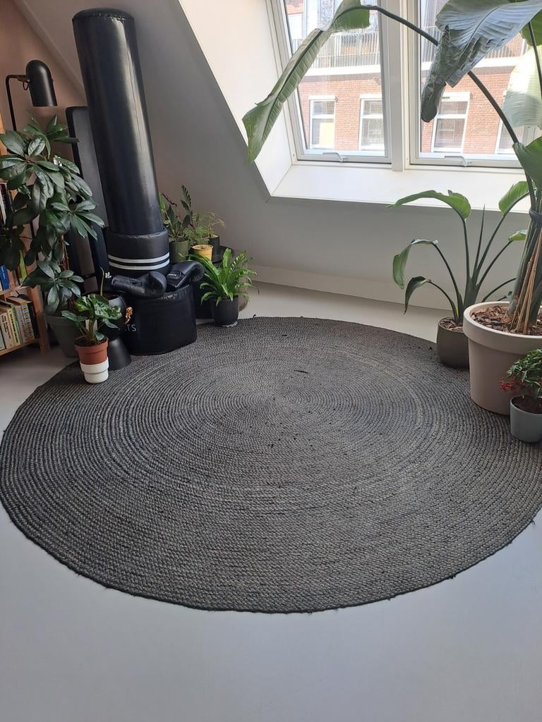 Rond vloerkleed 220cm, Ophalen, Gebruikt, Grijs, Laminaat