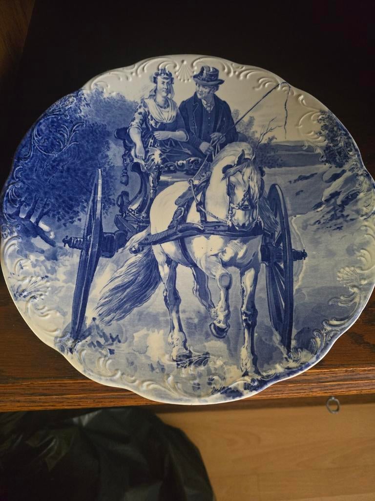 Antiek Delfts Blauw Wandbord - Koets met Paard, Antiek en Kunst, Ophalen of Verzenden