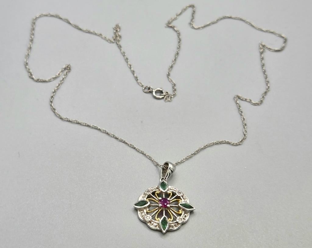 Gouden Vintage ketting robijn, smaragd en diamant. 2026/142., Overige kleuren, ., Ophalen of Verzenden, Zo goed als nieuw