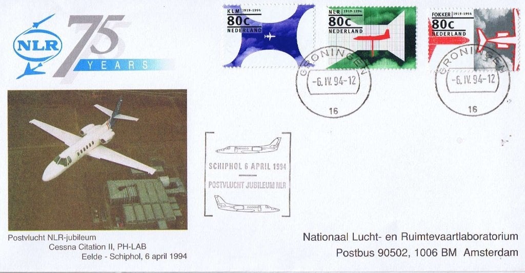 Nederland 1994 75 jaar Postvlucht NLR Eelde-Schiphol, Postzegels en Munten, Verzenden, Envelop