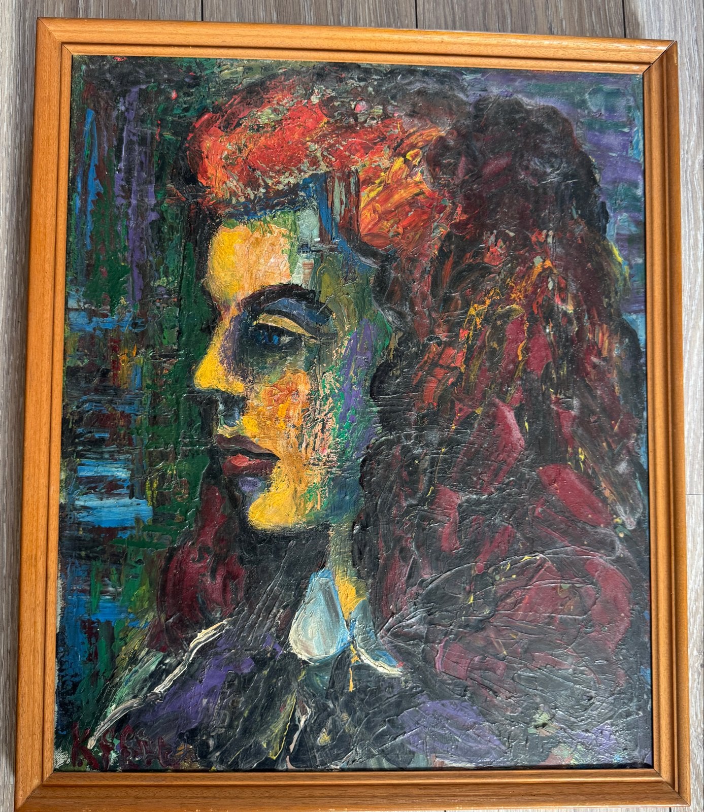 Kees Kieft Levendig Portret: Abstracte Vrouw met Rood Haar, Ophalen of Verzenden, Overige materialen, Portret, Gesigneerd
