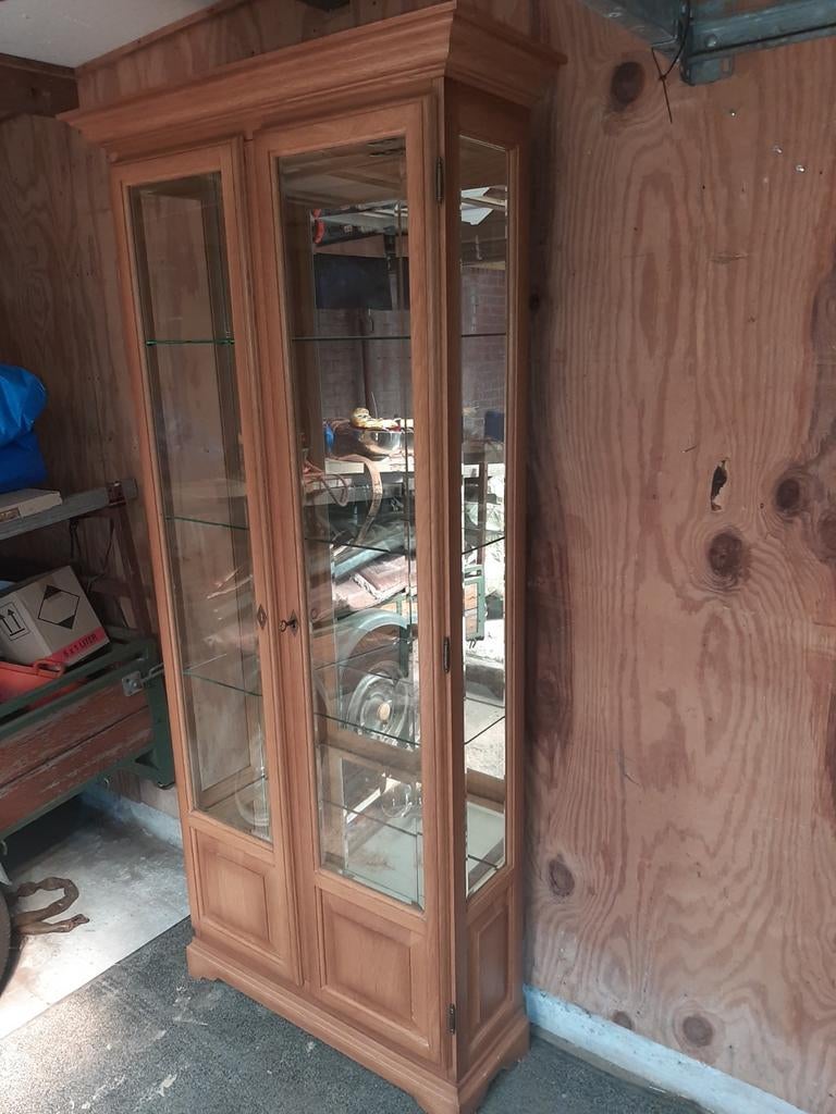 Eiken vitrinekast, Huis en Inrichting, Kasten | Vitrinekasten, Ophalen, 50 tot 100 cm, Zo goed als nieuw, 150 tot 200 cm