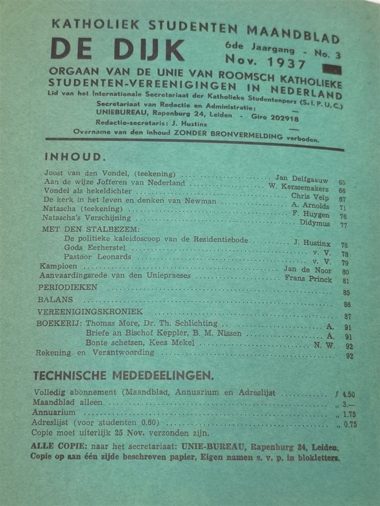De Dijk 1937 — Katholiek Studentenmaandblad, Boeken, Ophalen of Verzenden, Gelezen, Muziek, Film of Tv