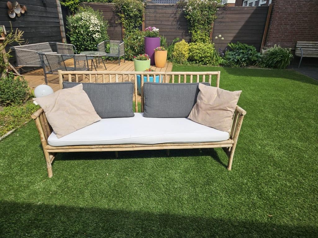 Bamboe tuinbank met kussens, Tuin en Terras, Ophalen, Gebruikt, Overige materialen
