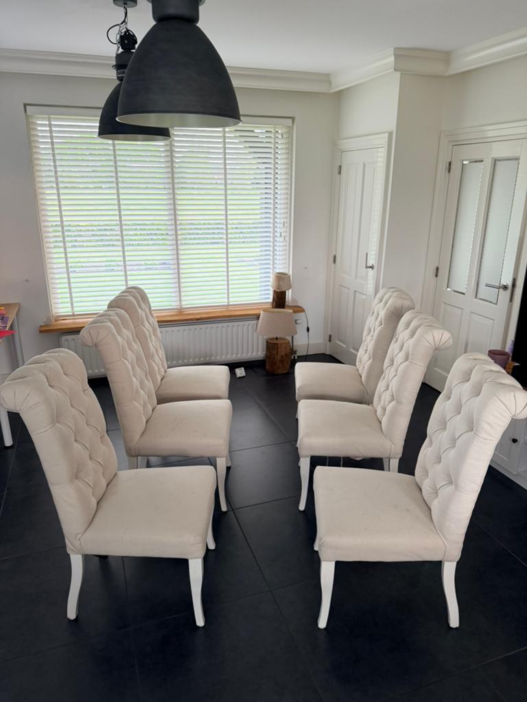 6 Eetkamerstoelen - Crème/Lichtbeige met gecapitonneerde rug, Ophalen, Gebruikt, Overige kleuren, Stof