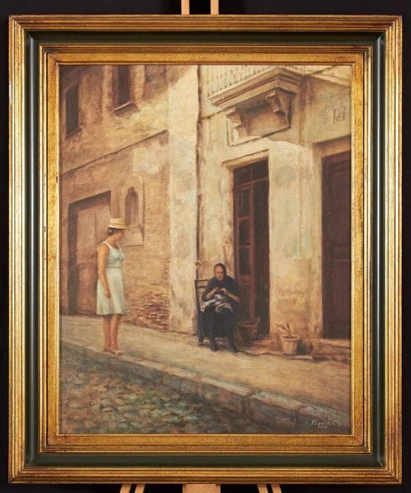 Mediterraans straatje – Florin M. 1975, schilderij 61x51 cm, Doek, Realistisch, Bijzondere lijst, Ophalen of Verzenden