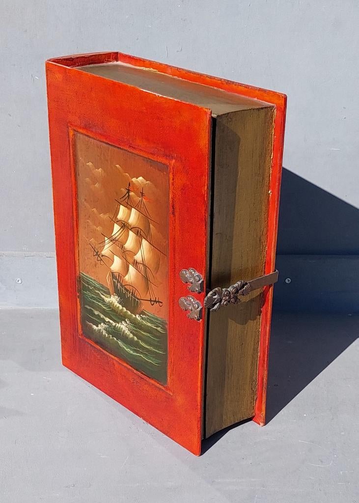 Vintage grote houten Boek kist met Schilderij van Zeilschip, Ophalen of Verzenden
