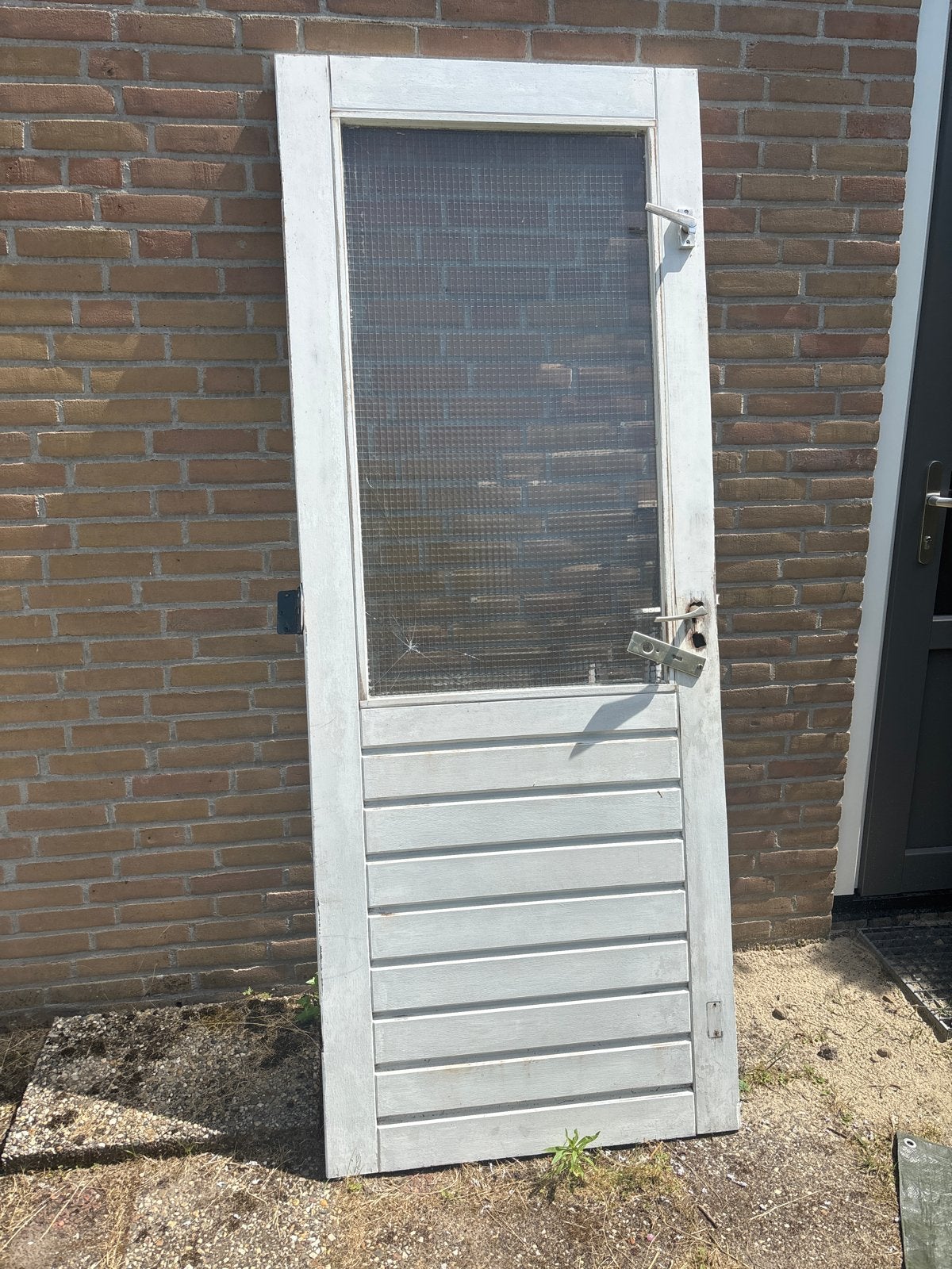 Gebruikte Houten Buitendeur met Glas en Lamellen, Ophalen, Gebruikt, 80 tot 100 cm, Buitendeur