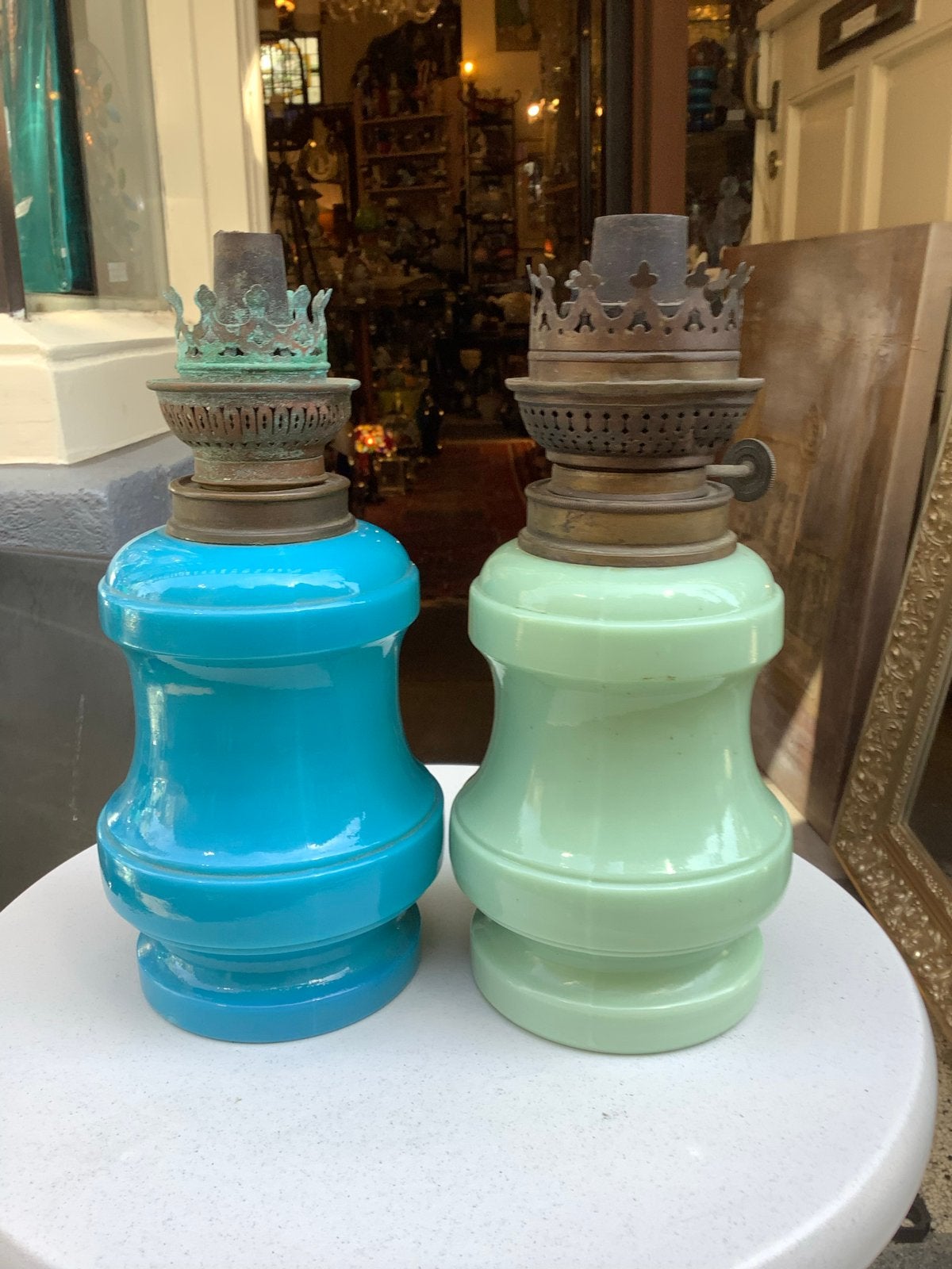 Oude Franse opaline olielampen (set van 2), Antiek en Kunst, Ophalen of Verzenden