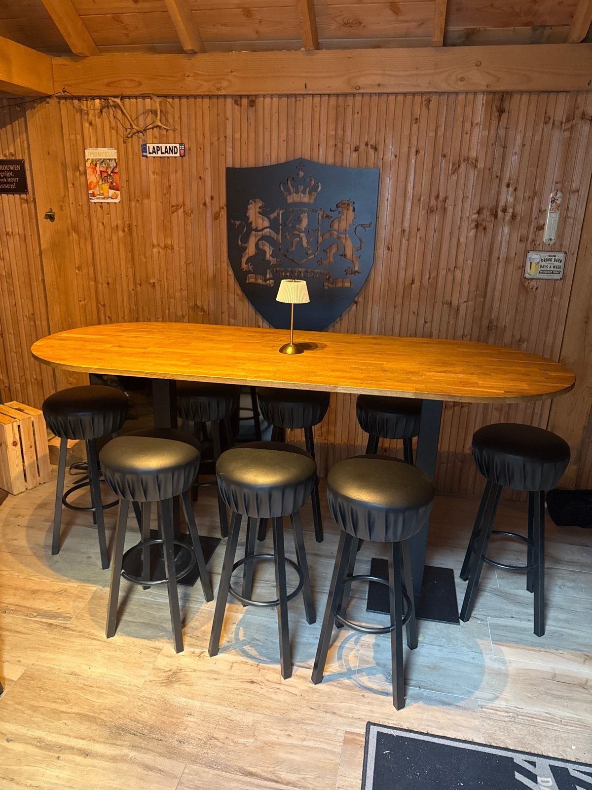 Grote bar/stamtafel met 8 barkrukken, Ophalen, Gebruikt, Inclusief barstoelen