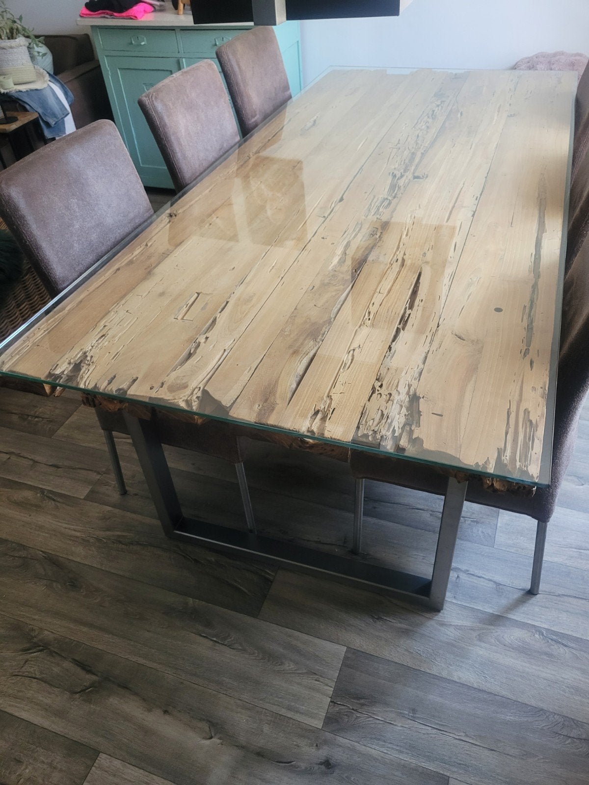 Moderne, stoere houten eettafel met rvs poten en 6 stoelen, Huis en Inrichting, Tafels | Eettafels, Ophalen, 200 cm of meer, 50 tot 100 cm