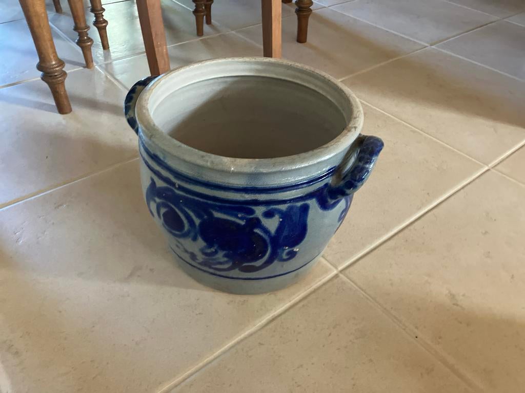 Vintage aardewerk pot met blauw decor, Antiek en Kunst, Ophalen of Verzenden