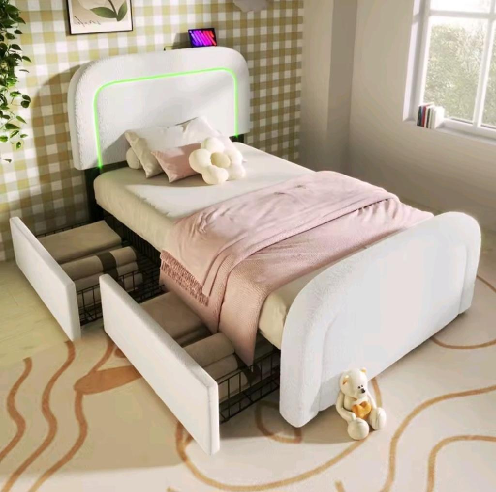 Sherpa textuur bed 90x200 cm met lades, Ophalen, 90 cm, Eenpersoons, Nieuw