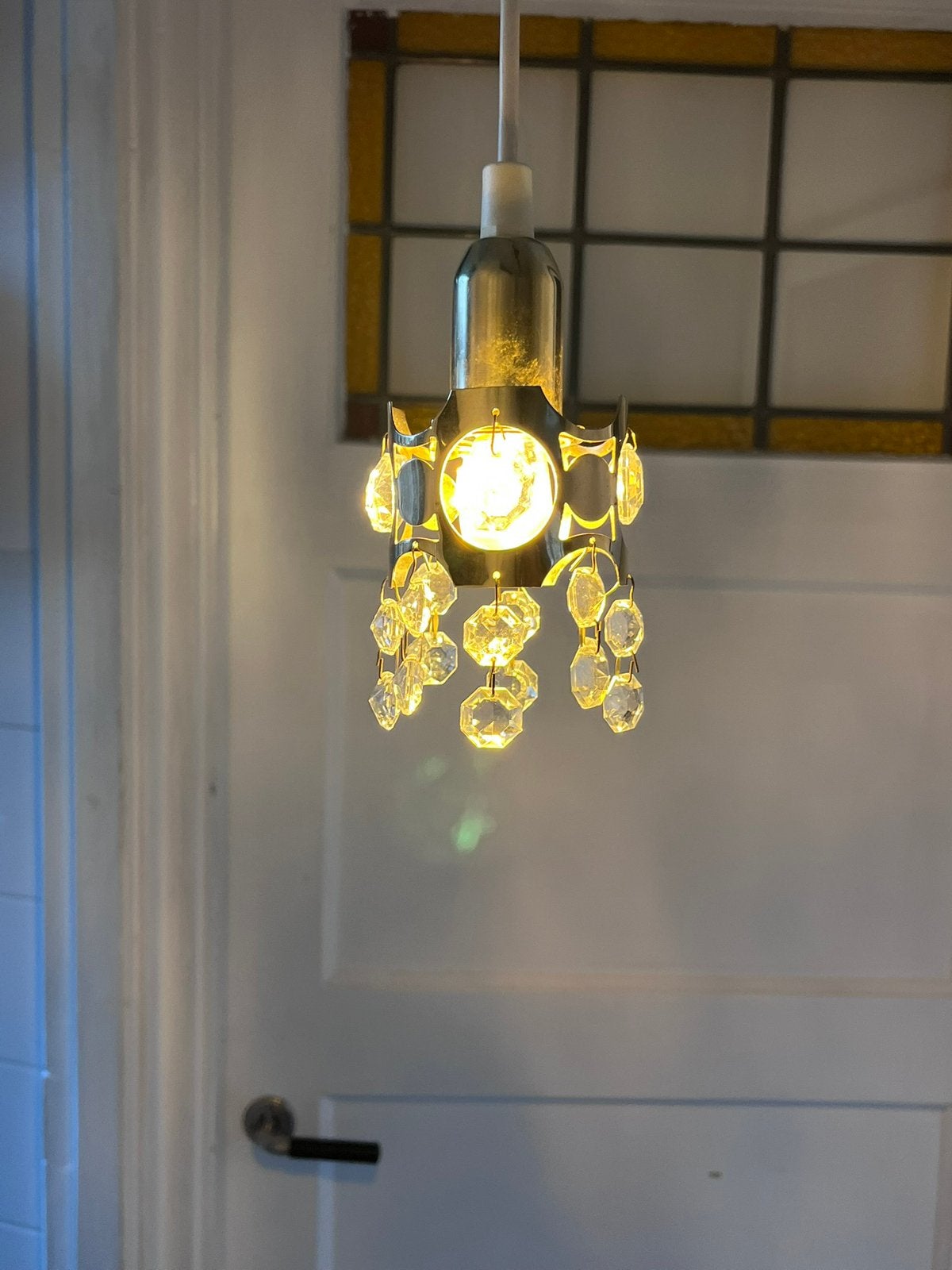 2 palwa style hanglampjes prisma kristal goud, Gebruikt, E14 (klein), Ophalen of Verzenden, Glas