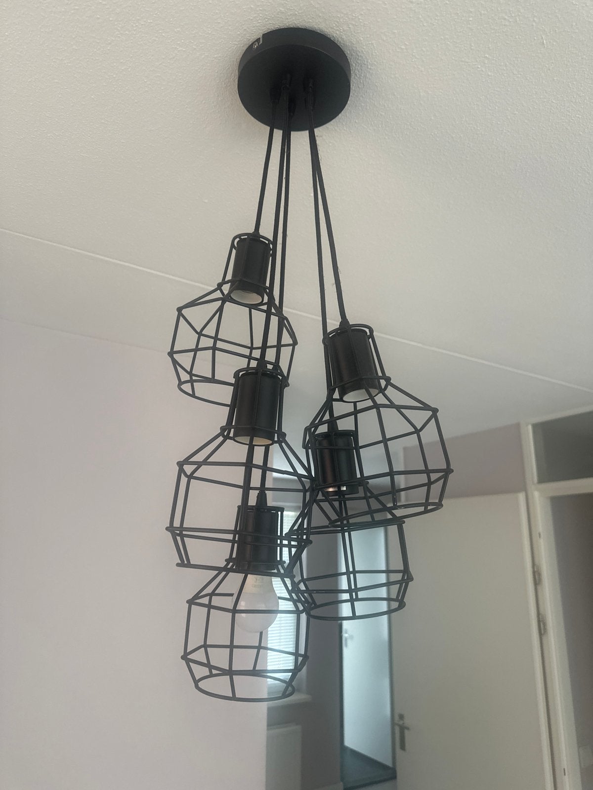 Zwarte industriële hanglamp met 5 kooilampen, Ophalen, Zo goed als nieuw, Metaal, E27 (groot)