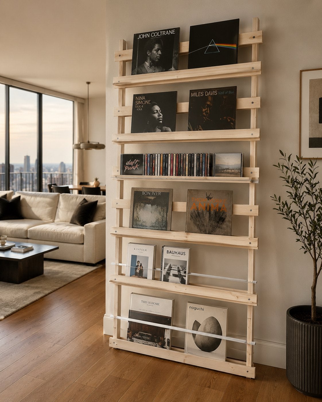 Houten wandrek met aluminium richels voor CD's, LP's, Ophalen, Gebruikt, 150 discs of meer, Hout