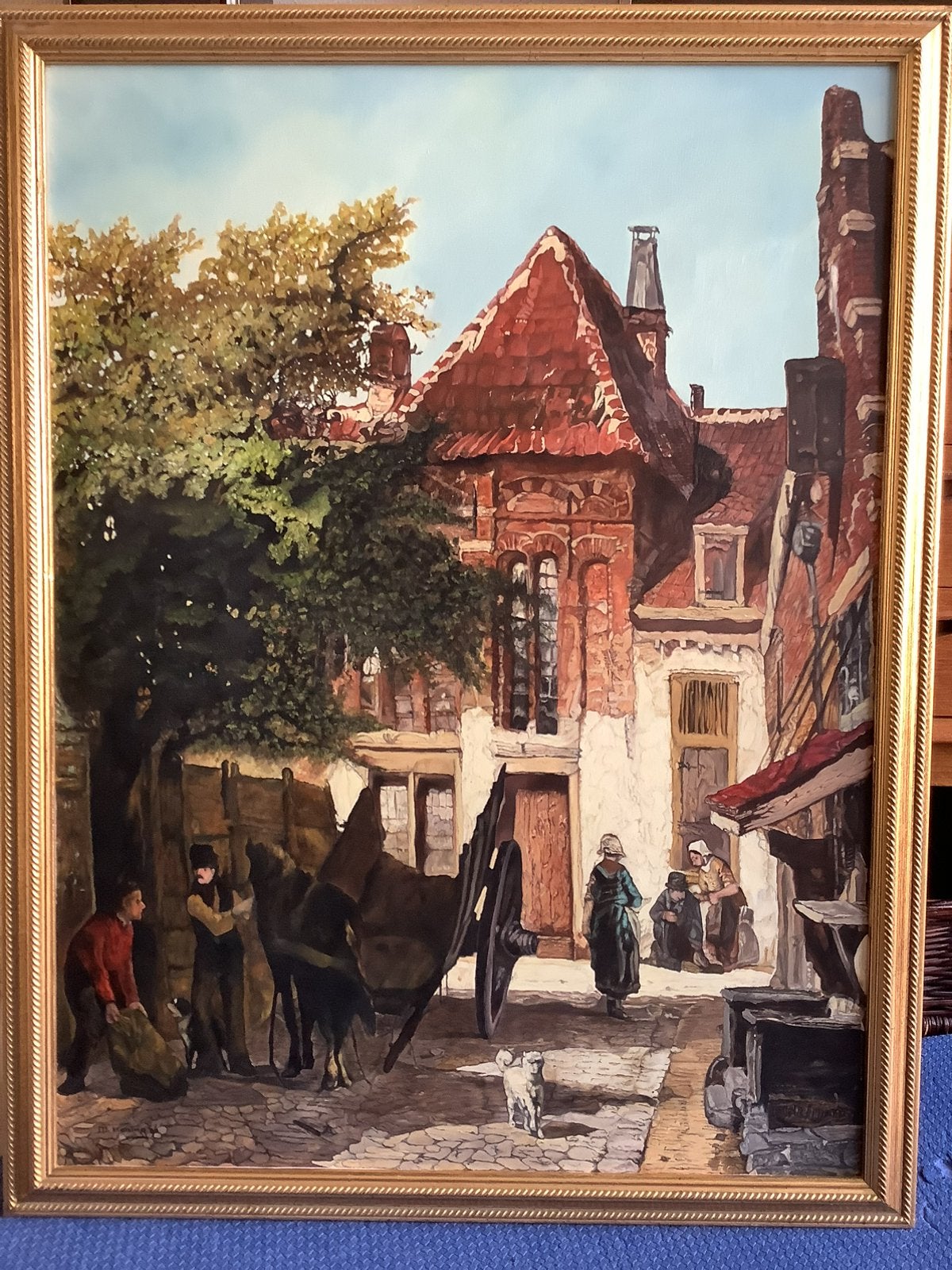 olieverfschilderij centrum Harderwijk naar Cornelis Springer, Ophalen, Paneel, Olieverf, Stads- / dorpsgezicht