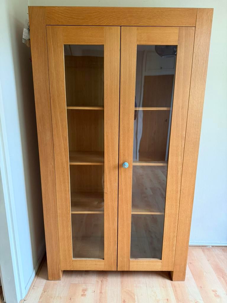Massief eiken vitrinekast kast houten kast, Ophalen, Met deur(en), 100 tot 150 cm, Eikenhout