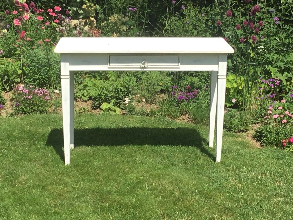 Witte landelijke sidetable / haltafel – massief grenen hout, Ophalen, Gebruikt, 100 tot 150 cm, Landelijk