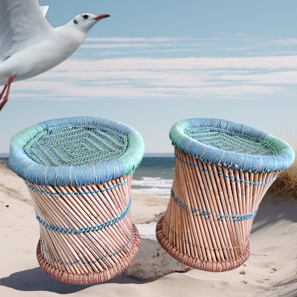 Set 2 rieten krukjes / tafeltjes / mandjes beach style boho, Overige materialen, Gebruikt, -, -