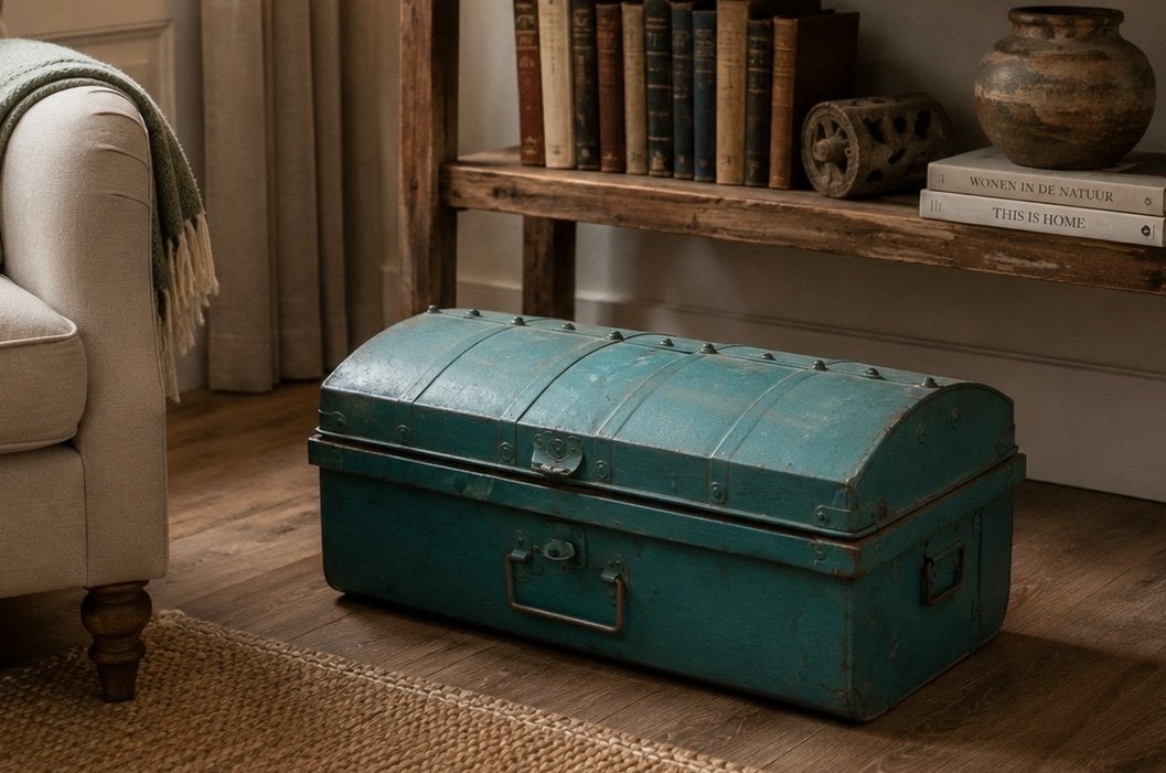 Vintage industriële metalen kist - turquoise/petrol, Ophalen