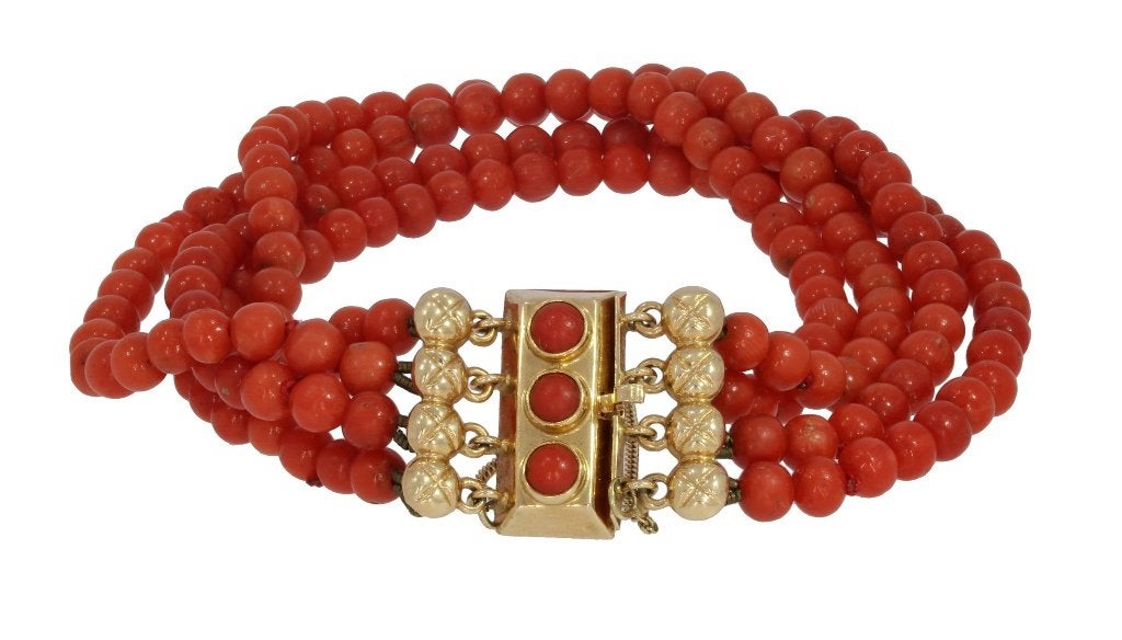 Bloedkoraal bollen armband vintage 14k slot goud fraai dame