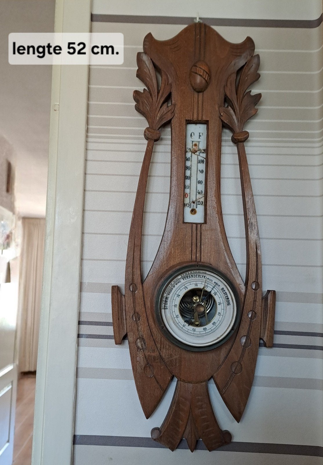 Antieke houten barometer en thermometer - 52 cm, Ophalen, Gebruikt, Weerstation