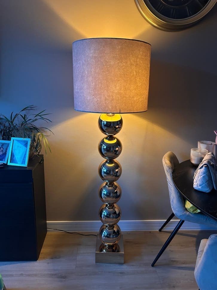 (Eric Kuster)Gouden Bolle Vloerlamp met Stoffen Kap, Ophalen, Gebruikt, Erik Kuster, E27 (groot)