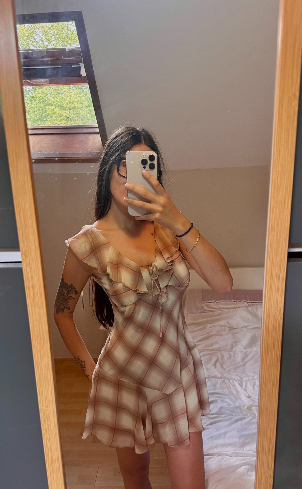 Korte jurk geruite ruches coquette Y2K, Kleding | Dames, Ophalen of Verzenden, Nieuw, Maat 36 (S), Beige