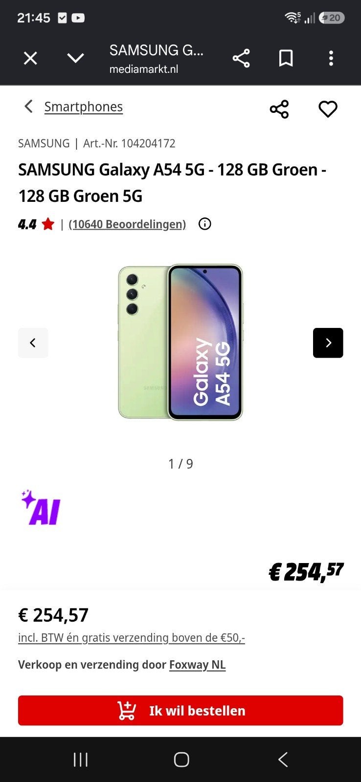 Samsung Galaxy A54 5G - 128 GB Groen, Overige modellen, Ophalen of Verzenden, Zo goed als nieuw, Zonder simlock