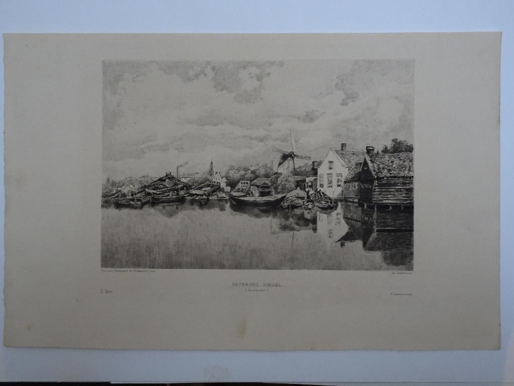 Gravure Wetering Singel Amsterdam T.N. Chauvel, 19e eeuw, Antiek en Kunst, Kunst | Etsen en Gravures, 1800 - 1899, Verzenden, Stadsgezicht