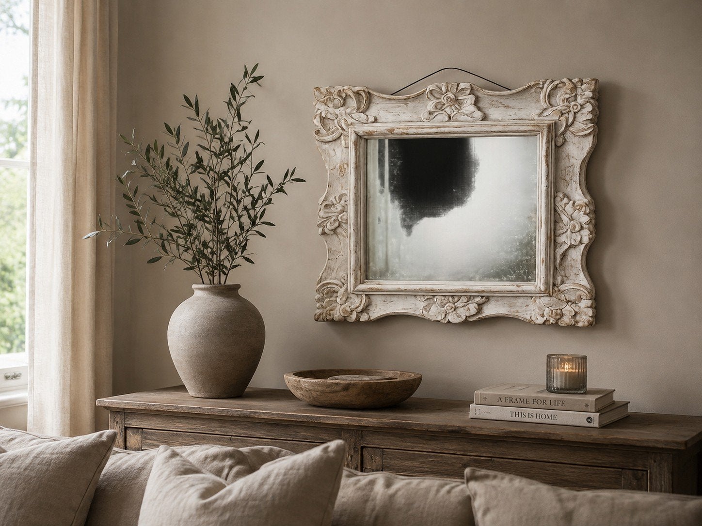 Grote houten Barok Wandspiegel | Brocante White Wash 85 × 95, Gebruikt, Ophalen of Verzenden, 75 tot 100 cm, Minder dan 100 cm