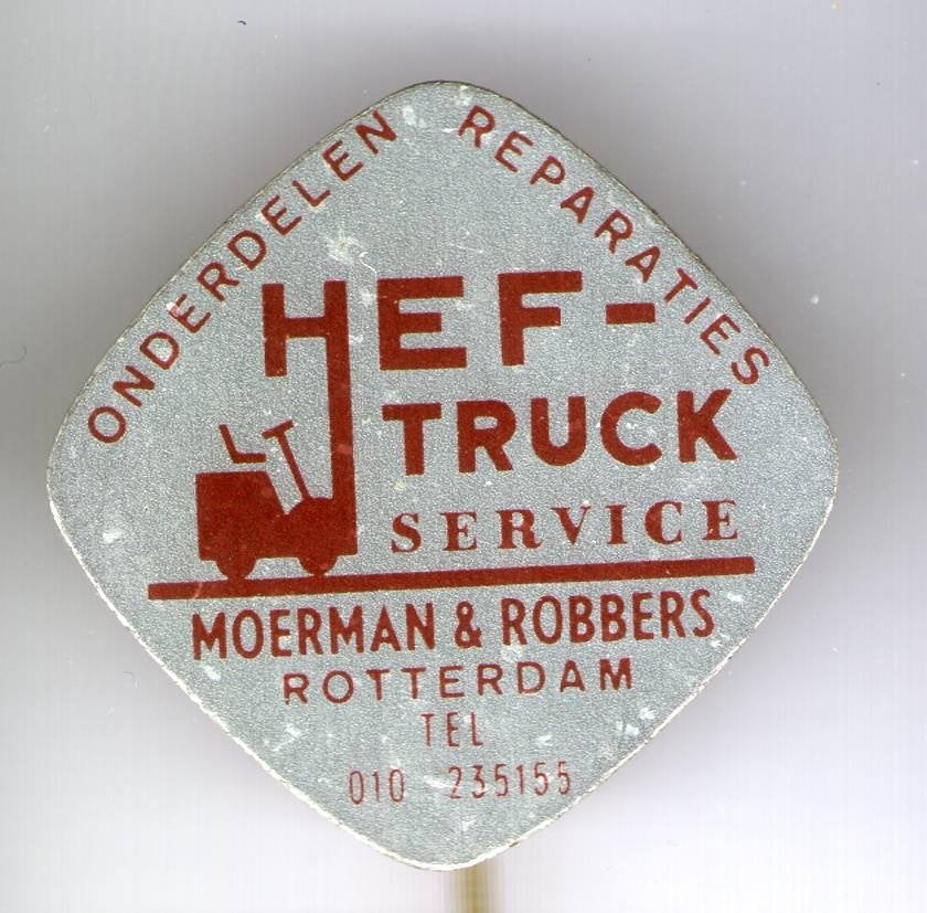 Heftruck service Moerman blik speldje ( F_024), Verzamelen, Verzenden, Zo goed als nieuw, Transport, Speldje of Pin
