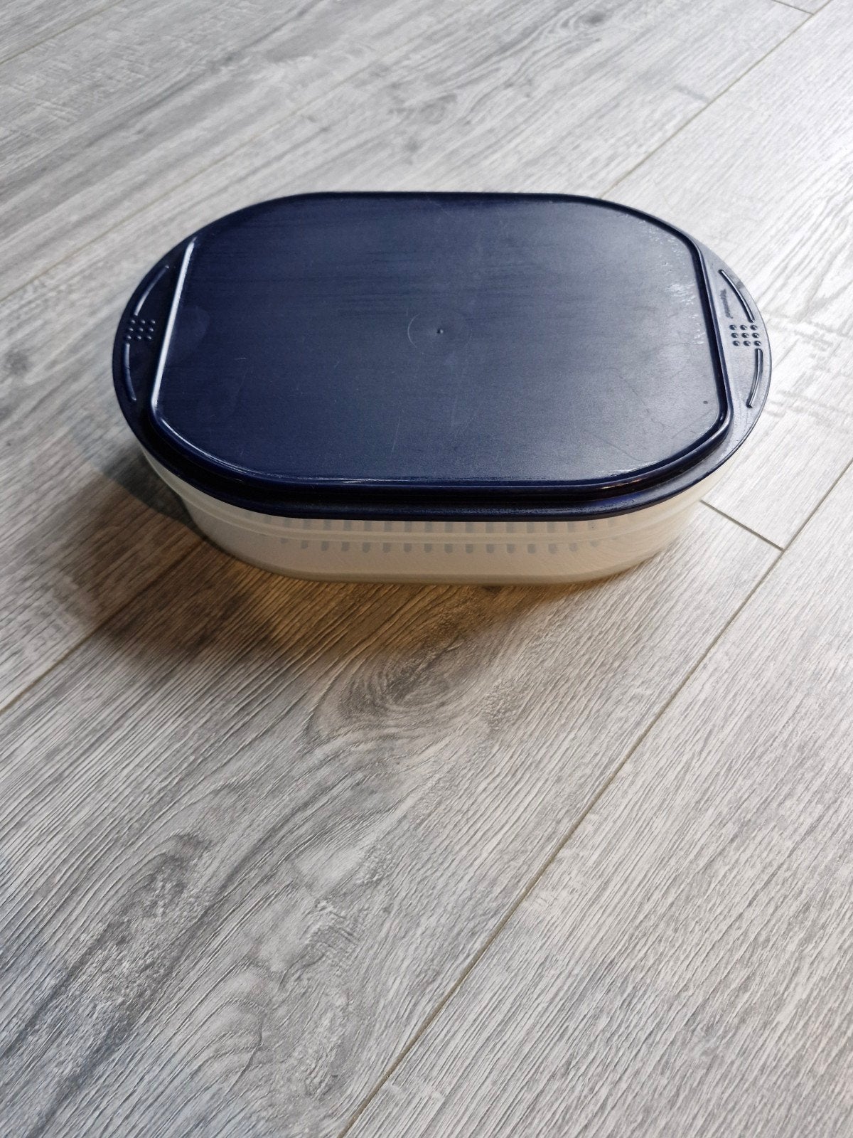 Tupperware bewaarbak met deksel en inzet - Blauw/Wit, Gebruikt, Bewaardoos, Blauw, Met deksel