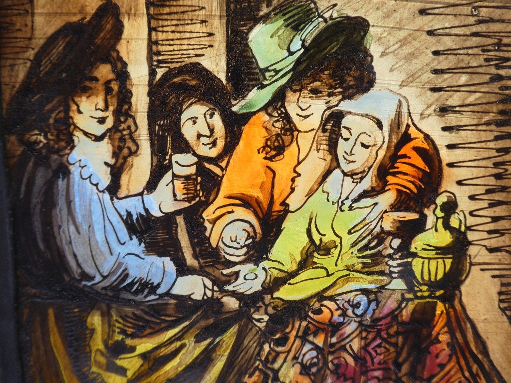Glas in lood  gebrandschilderd De Koppelaarster naar Vermeer, Antiek en Kunst, Kunst | Schilderijen | Klassiek, Ingelijst, Nederlandse school
