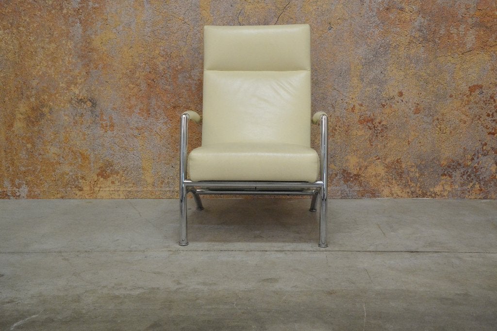 ZGAN gebr witte leren Leolux Helical design fauteuil + poef, Leolux, Leolux, 75 tot 100 cm, Ophalen of Verzenden