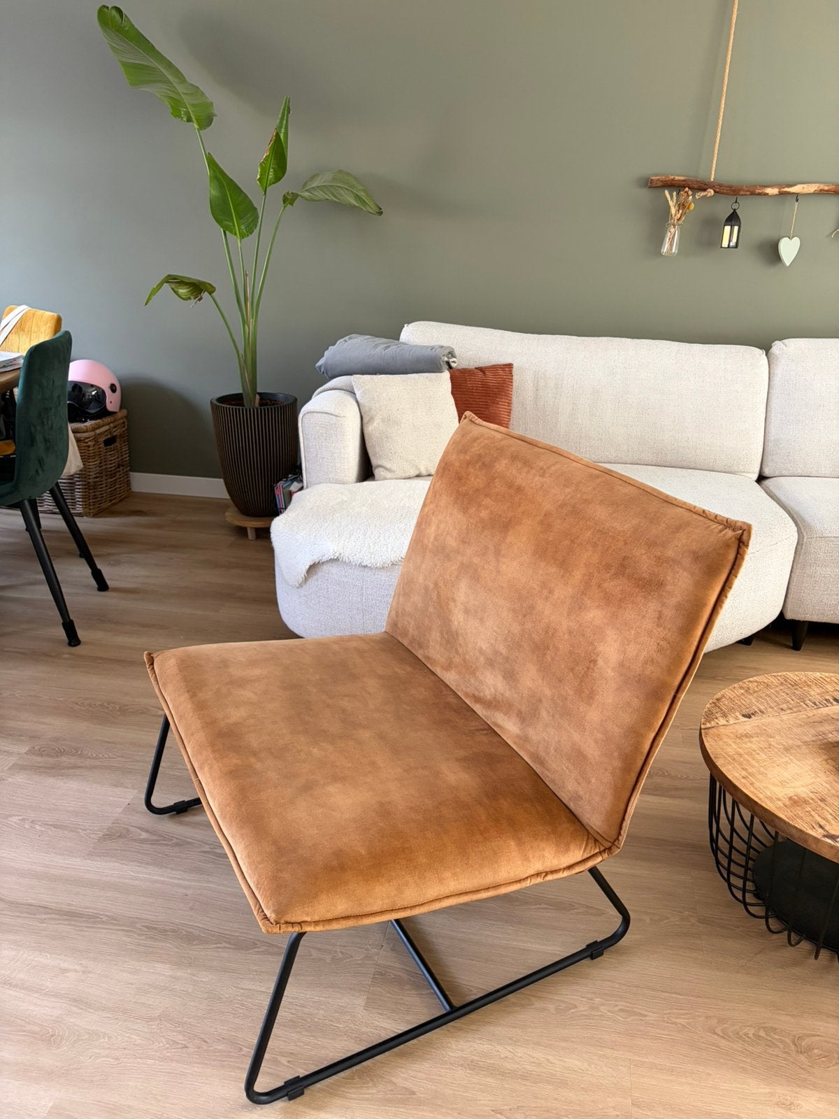 fauteuil 1,5 zits kleur: cognac / oker geel, stof: velours, Ophalen, Overige materialen, Gebruikt, Overige kleuren