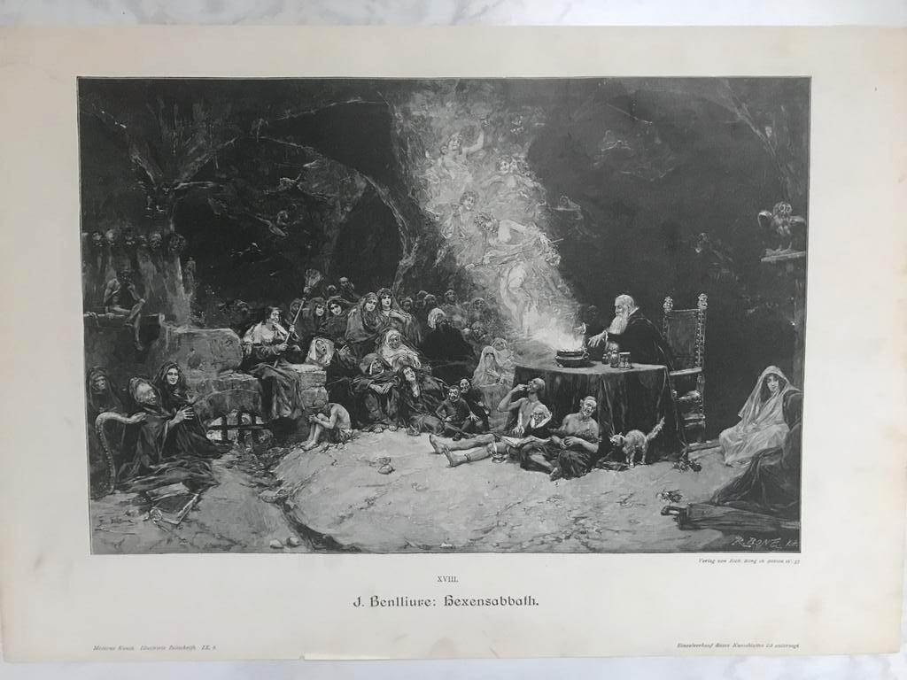 J. Benlliure: Hexensabbath, or. gravure 1890, afm. 31x20,5cm, Antiek en Kunst, Kunst | Etsen en Gravures, Ophalen of Verzenden