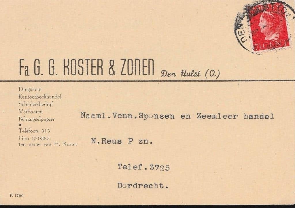 DEN HULST 1947 Fa KOSTER en Zonen Drogisterij Verfwaren enz, Verzenden, 1940 tot 1960, Gelopen, Overijssel
