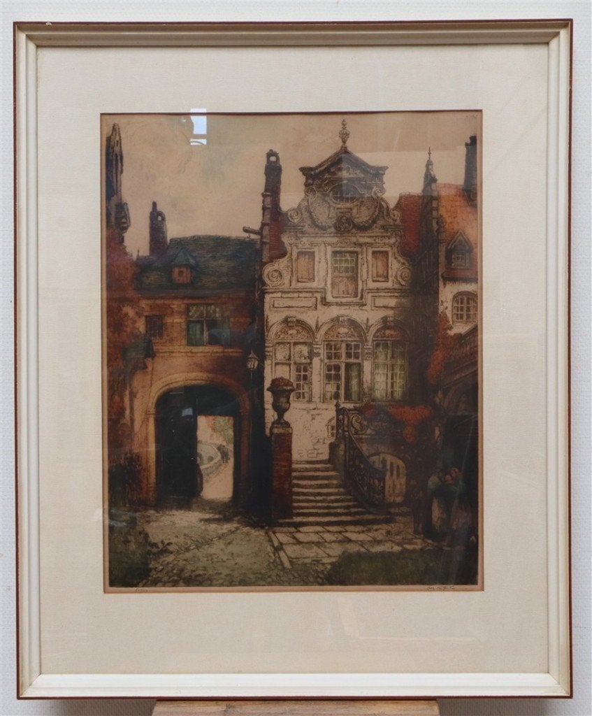Van Neste (1874-1969) - Historisch stadsgezicht - Grote ets, Antiek en Kunst, Ophalen, Architectuur, 83 cm, 69 cm
