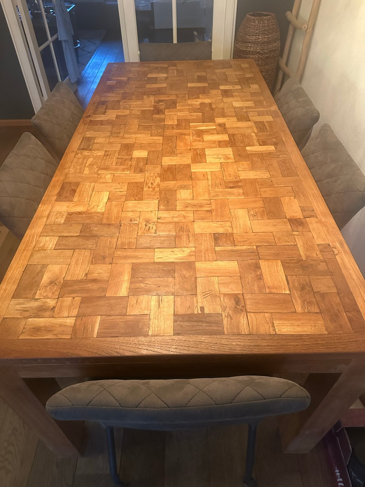 Houten eettafel met uniek mozaïek blad. 100x220cm, Ophalen, Gebruikt, 50 tot 100 cm, Vijf personen of meer