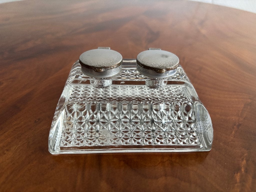Antieke dubbele inktpot van geperst glas met metalen deksels, Antiek en Kunst, Antiek | Kantoor en Zakelijk, Ophalen of Verzenden