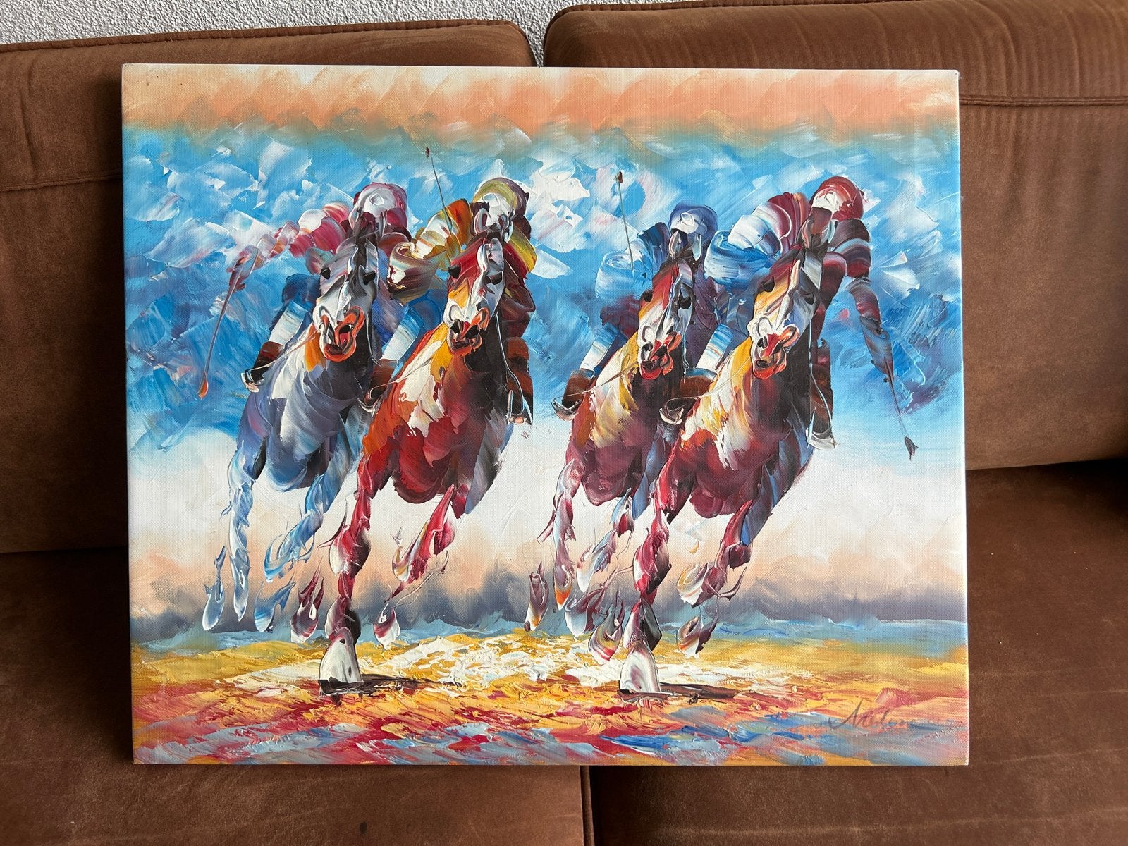 Dynamisch Schilderij: Paardenrace in Actie, Antiek en Kunst, Ophalen, Handgeschilderd, Dieren, Olieverf