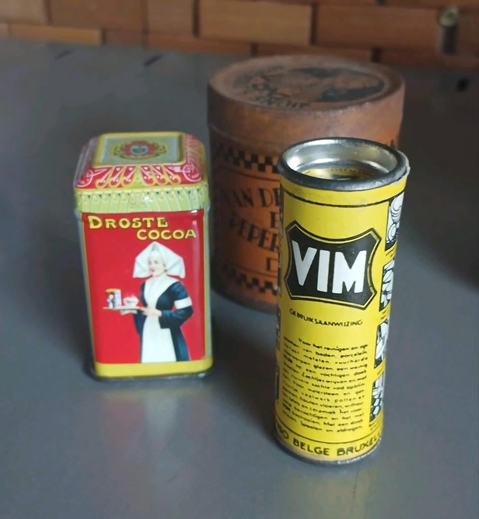 Miniatuur blikken winkelverpakkingen - Droste, Vim, Peper, Ophalen of Verzenden, Gebruikt, Overige, Droste
