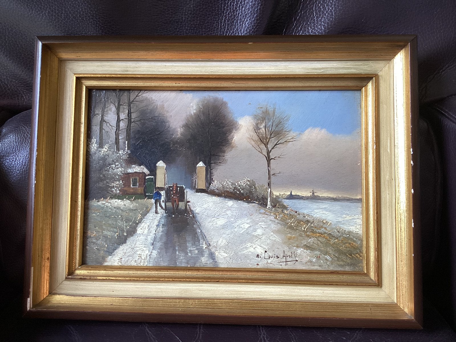 Schilderij Winterlandschap - naar Louis Apol., Paneel, Ophalen of Verzenden, Landschap, Olieverf